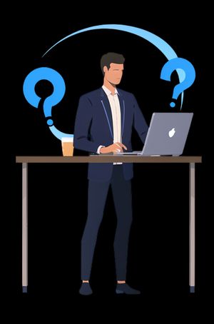 ¿Qué es el SEO? hombre de pie junto a una laptop con un signo de interrogación sobre su cabeza